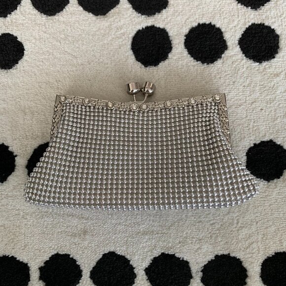 Silver Beaded Rhinestone Clutch Chain Shoulder Strap Bag Small Evening Handbag - Picture 1 of 15